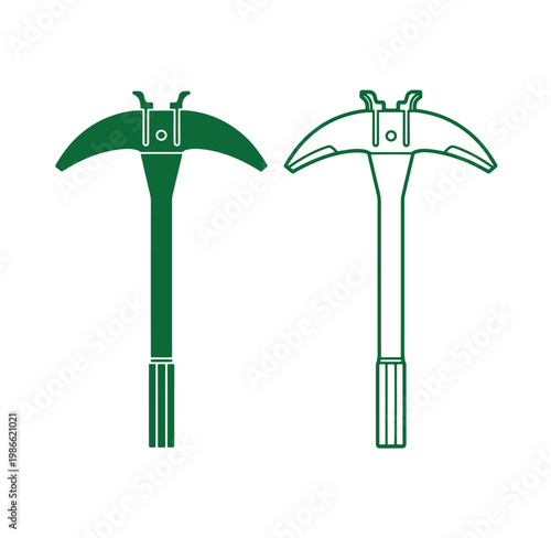 Green pickaxe icons in filled and outline style for mining and construction tools