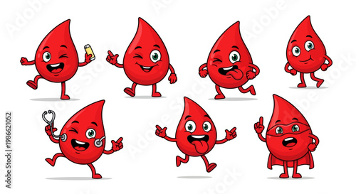 Cartoon Blood Drops Characters Smiling Faces.