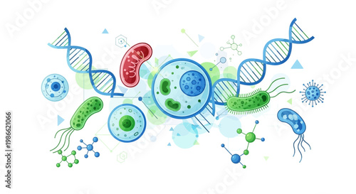 Microorganisms and DNA structures illustration.