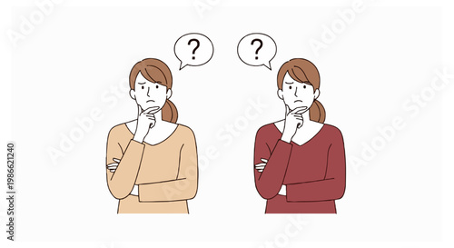 Two illustrations of the same woman in different colored shirts are shown holding her chin in thought with question marks in speech bubbles.