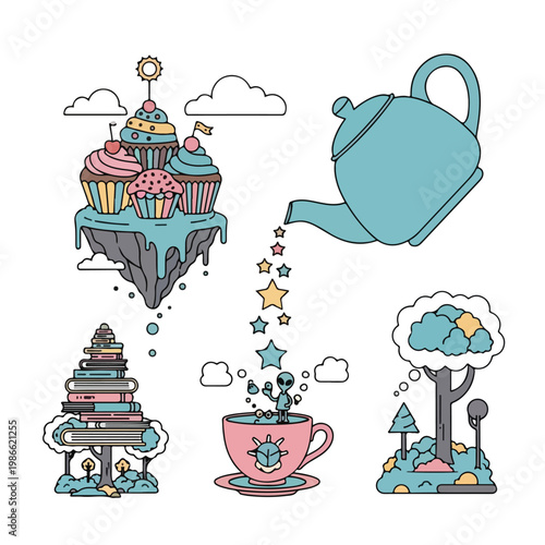 A whimsical illustration of surreal scenes