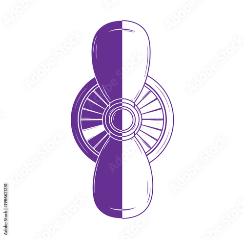 Purple and white propeller icon with a split color design on a white background