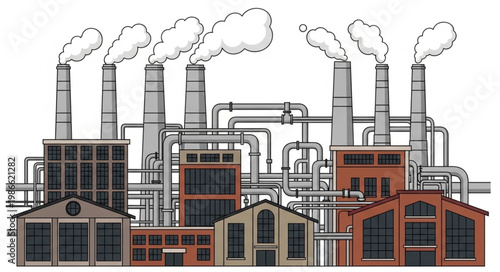 Industrial factory with smoke stacks emitting pollution.