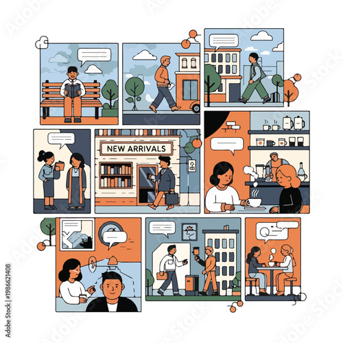 A vibrant comic strip depicting daily life