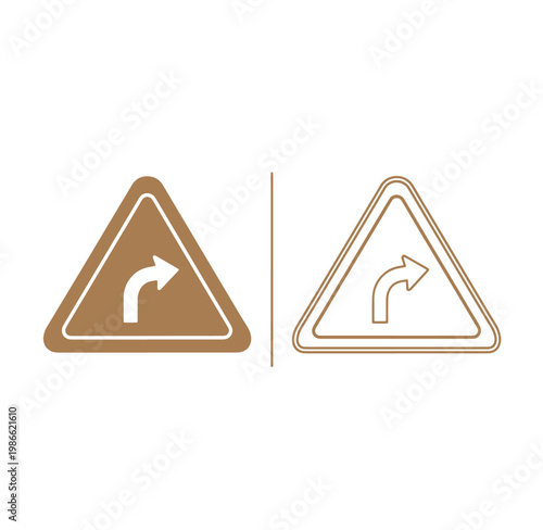 road signs indicating a right turn ahead  warning and outline styles
