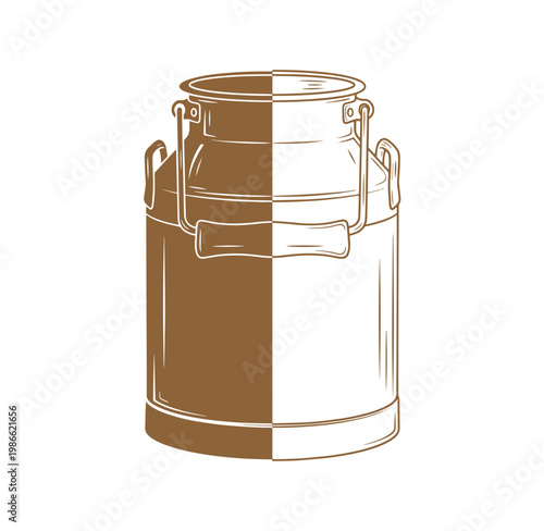 Split brown and white illustration of a metal milk can with handles on a white background