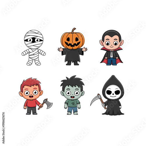 Set of six cute cartoon Halloween monsters, featuring a mummy, pumpkin head, vampire, executioner, zombie and grim reaper