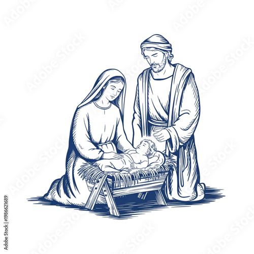 Vintage woodcut illustration of the Nativity scene, featuring Virgin Mary and Saint Joseph looking at baby Jesus in the manger