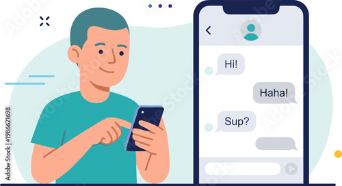 Man chatting on smartphone with speech bubbles on screen indoors