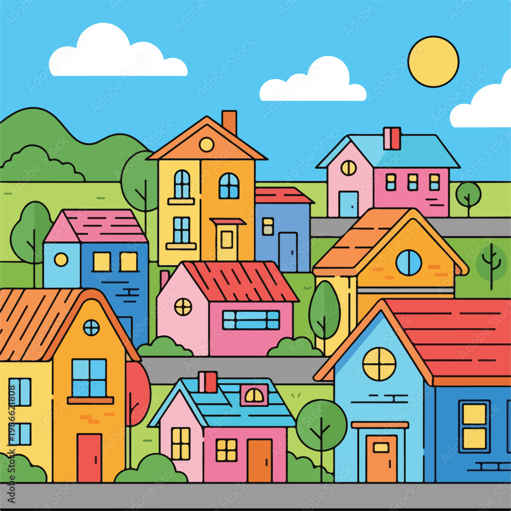 Naklejka premium Colorful cartoon village scene