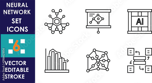 Minimal black line icons illustrating neural networks, AI, data analysis, presentation, vector editing tools, dashboards, and connections, arranged in grid with clean modern style