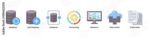 Data Management web banner icon vector illustration with icons of Database, Add Database, Database, Processing, Statistics, Data Center and Publication