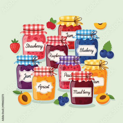 Colorful jars of fruit preserves with labeled flavors