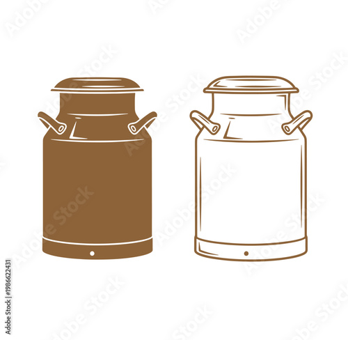 Two milk cans one brown and one outlined on white background
