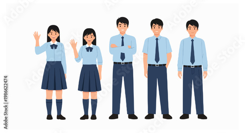 Five students wearing light blue shirts and navy blue ties stand in a line on a white background with two girls waving their hands at the viewer.
