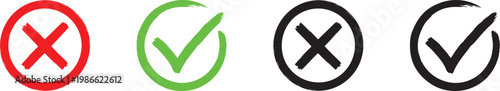 Vector graphic illustration of checkmark and cross symbols in different colors and styles