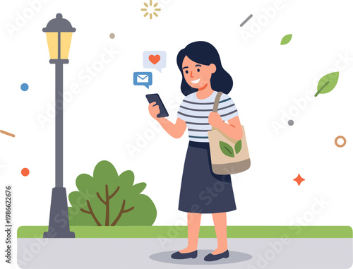 Woman standing on sidewalk uses smartphone near street lamp and tree