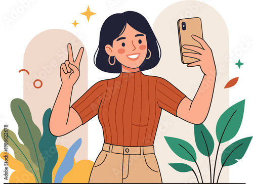 A smiling woman takes a selfie with her phone in a lively garden setting.