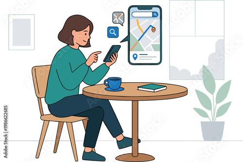 A woman sits at a table using her phone with a map on the screen.