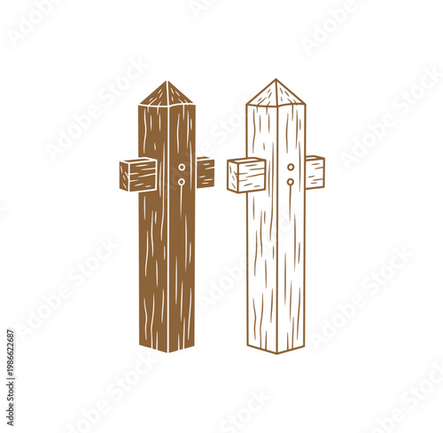 wooden fence posts with metal nails and brown and beige color  illustration