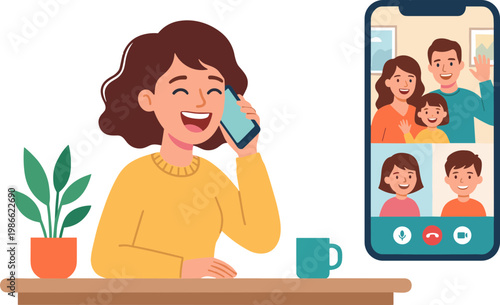 Woman smiles while on phone call with family on video conference at home
