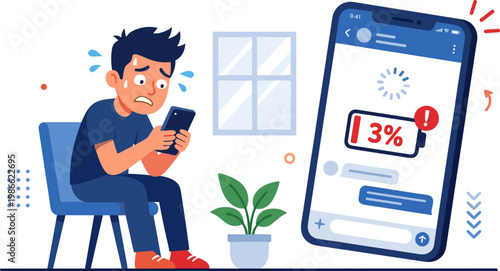 Man anxiously waits for phone battery to charge indoors.