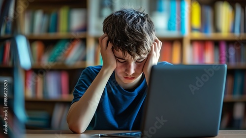 Frustrated Student With Head In Hands Studies Online In Library With Bookshelves Visible