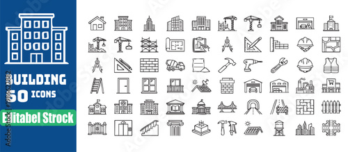 Collection of sixty editable building construction icons with transparent background