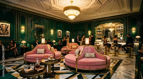 Luxurious Art Deco Lounge with Pink Velvet Sofas and Golden Accents