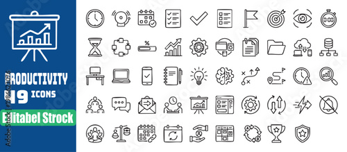 Set of fortynine productivity icons for presentations and documents in editable stroke style