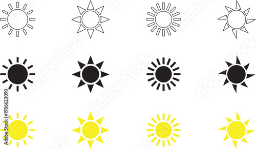 Various sun symbols in different colors and designs for weather forecasting and illustration purposes