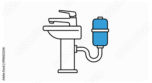 A technical illustration depicts a white ceramic sink and silver tap with an attached blue water filtration unit connected via a curved white pipe.