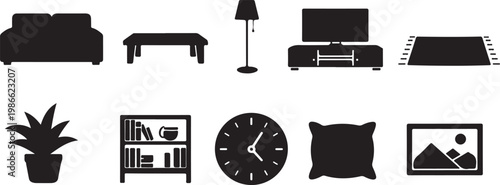 Vector graphic illustration of modern living room furniture and decor in black silhouettes on white