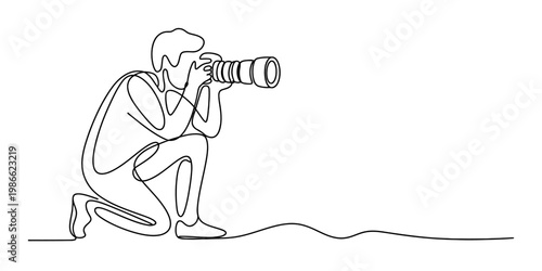 A single continuous line drawing of a professional photographer crouching to take a picture Vector, illustration