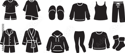 Vector graphic illustration of various clothing and footwear items for daily wear and sleep