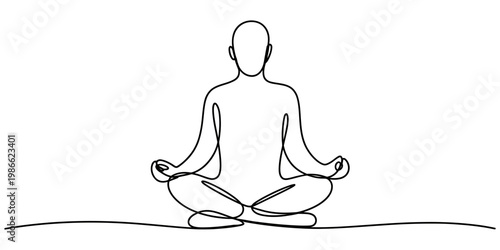 Minimalist continuous line art illustration of a person meditating in a peaceful lotus yoga pose