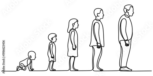 Continuous line drawing showing the stages of human life from a crawling baby to an elderly man