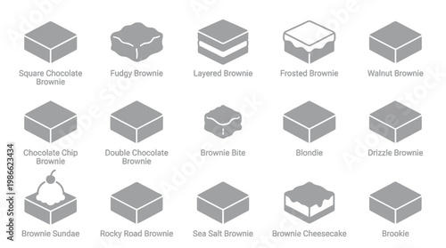 A collection of 16 isometric icons representing various types of brownies and related desserts, presented in a clean, minimalist grey scale.