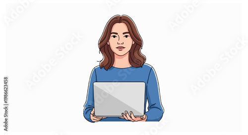 An illustrated young woman in a blue top holds a silver laptop computer by its sides against a clean white background in a minimalist digital style.