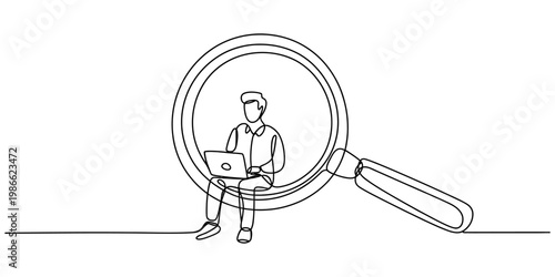 Continuous line drawing of a person sitting on a giant magnifying glass and working on a laptop