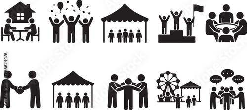 Various people engaging in teamwork and social activities in vector graphic illustrations