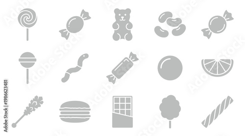 A collection of various candy and sweet treats icons, including lollipops, gummy bears, jelly beans, and chocolate bars.