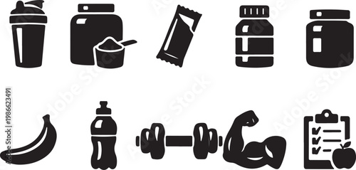 Vector graphic illustration of fitness and nutrition icons for healthy lifestyle and workout
