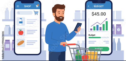Man shopping with mobile phone and cart near store apps