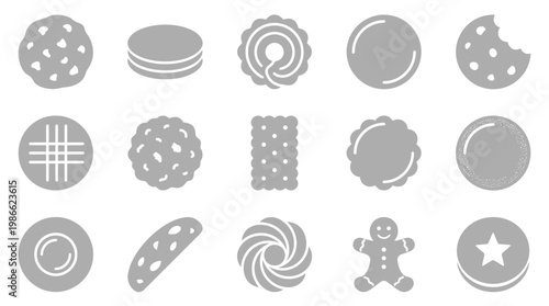 A collection of fifteen different types of cookies and biscuits, presented as flat grey icons on a white background.