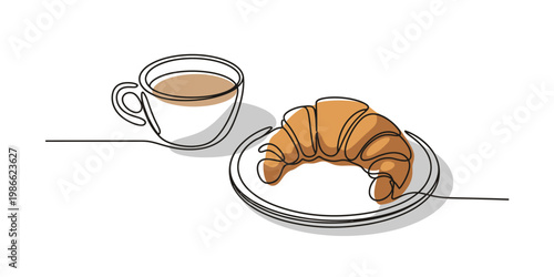 A single continuous line drawing of a delicious croissant served on a plate with coffee mug. Vector, illustration