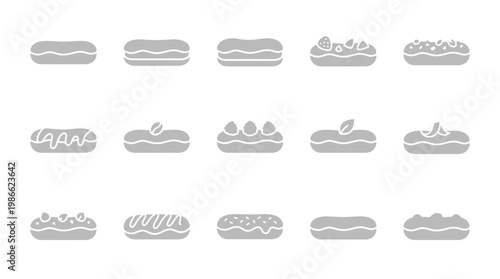 Collection of 15 stylized grey icons representing various eclairs with different toppings and designs, presented on a white background.