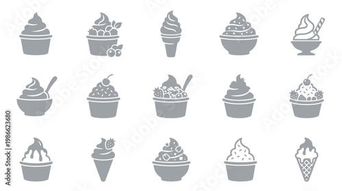 A collection of 15 stylized, monochromatic grey icons representing various types of ice cream desserts, including soft serve cones, sundaes, and cups with toppings.