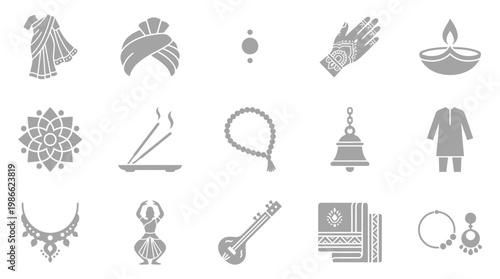 Collection of Indian cultural icons and symbols representing various aspects of Indian life and traditions.