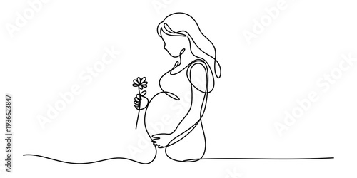 A single line art drawing depicting a pregnant woman holding a flower in a minimalist style art Vector, illustration